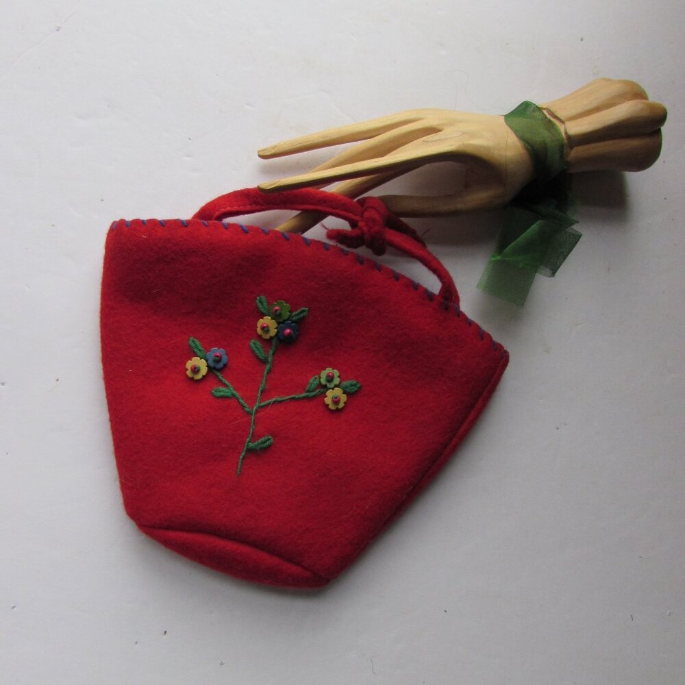 Cute Child Size Purse in Cardinal Red Felt Embroidered Flowers